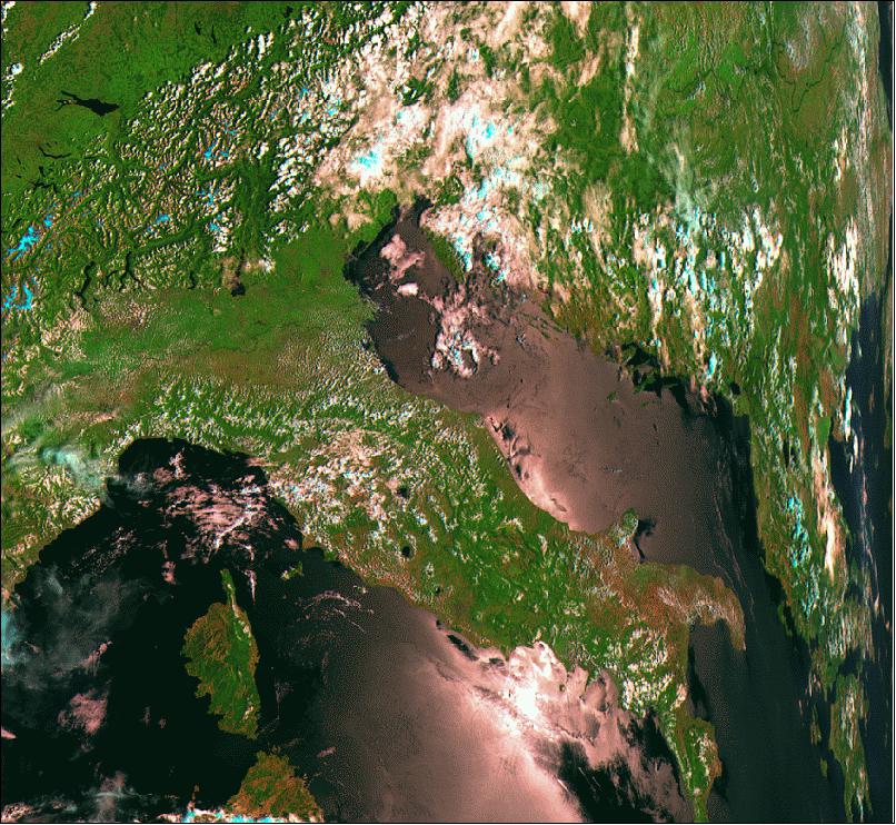 Figure 6: Multispectral image of Italy observed with MSU-MR on July 25, 2014 (image credit: Roscosmos)