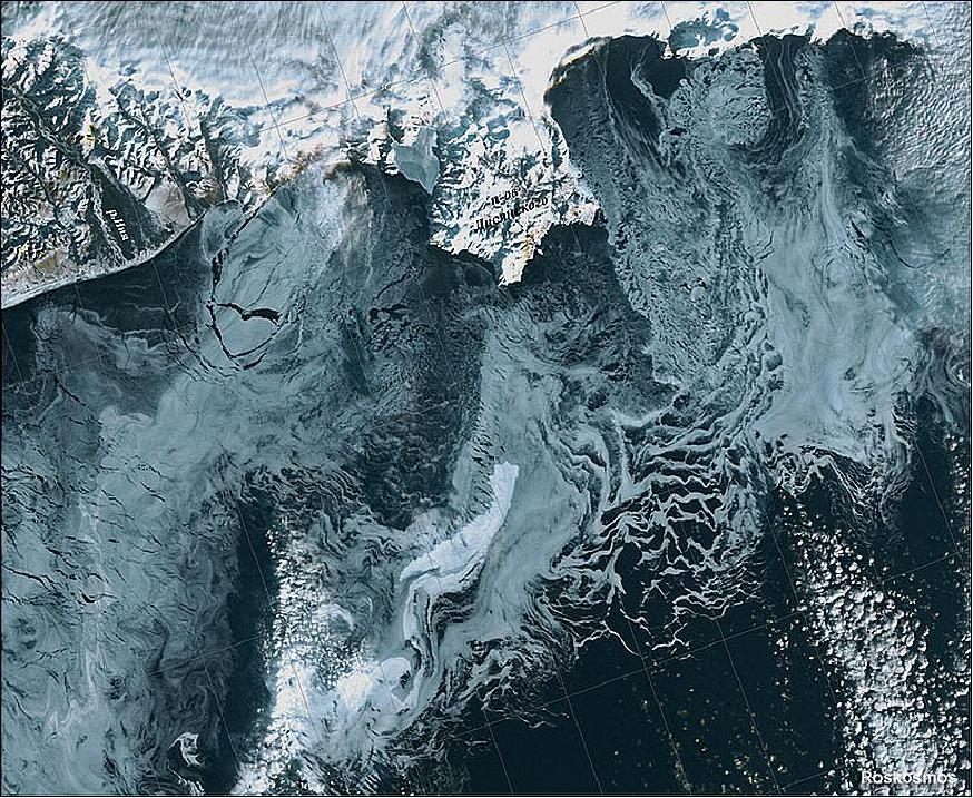 Figure 4: Sea of Okhotsk imaged by Meteor M2's KMSS instrument on Jan. 13, 2015 (image credit: Roscosmos, Ref. 3)