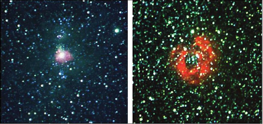 Figure 15: The first image from MIRIS: the left image is M42 (Orion Nebulas) and the right is the Rosette Nebula. These images were composed of three filter images of I and H, and Paschen-α, mainly for functional test purposes without a calibration process (image credit: KARI)