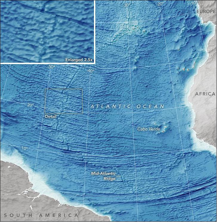 Figure 8: The new map, acquired in 2014 from data of several altimetry missions, gives an accurate picture of seafloor topography at a scale of 5 km/pixel ((image credit: NASA Earth Observatory, Joshua Stevens, Ref. 12)