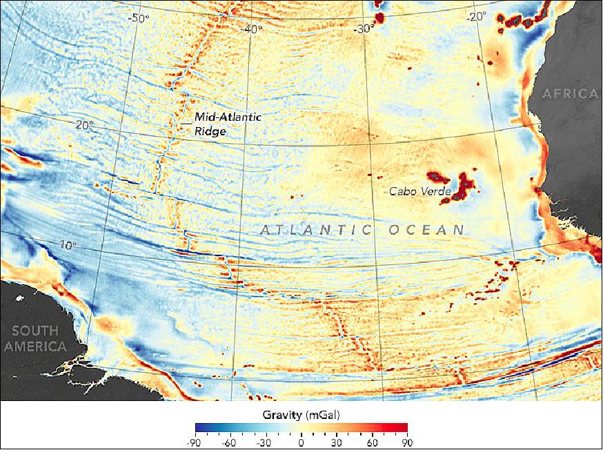 Figure 7: This map shows a tighter view of that data along the Mid-Atlantic Ridge between Africa and South America (image credit: NASA Earth Observatory, Joshua Stevens, Ref. 12)