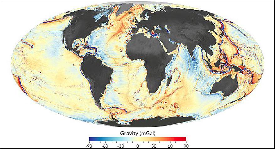 Figure 6: The map shows a global view of gravity anomalies (acquired in 2014), as measured and assembled by Sandwell, Smith, and colleagues (image credit: NASA Earth Observatory, Joshua Stevens, Ref. 12)