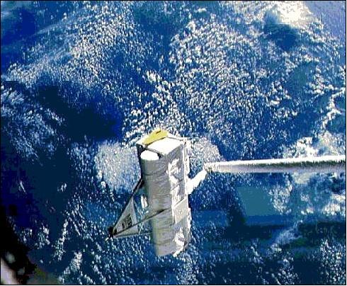 Figure 1: Photo of the SPAS-01 platform and RMS arm during proximity operations of STS-7 (image credit: NASA)