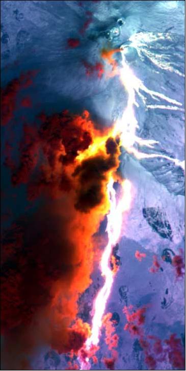 Figure 11: MTI instrument image of Mt. Etna in Italy, Aug. 1, 2001. In this image, large lava flows can be seen in the thermal bands beneath the smoke and clouds (image credit: SNL)