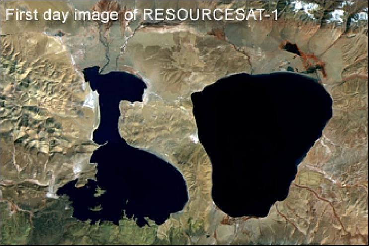 Figure 5: AwiFS image of Lake Manasarovar (right) with a surface area of 320 km2 located in the Tibet Autonomous Region of China (image credit: ISRO)
