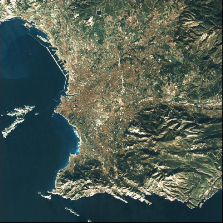 Figure 4: LISS-4 image of Marseille and surroundings (Nov. 13, 2004), France, (image credit: DLR-DFD/Euromap)