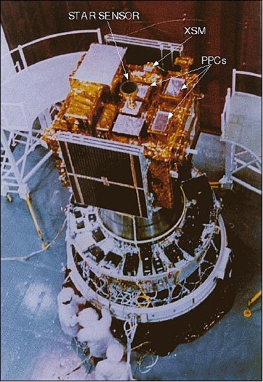 Figure 7: IRS-P3 satellite with the IXAE detectors mounted on the top deck of the satellite (image credit: ISRO)