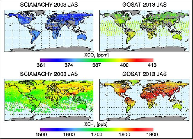 Figure 2: GHG-CCI CRDP#2 XCO2 (top) and XCH4 (bottom) maps for July-September 2003 (left) and 2013 (right), image credit: IPCC 2013