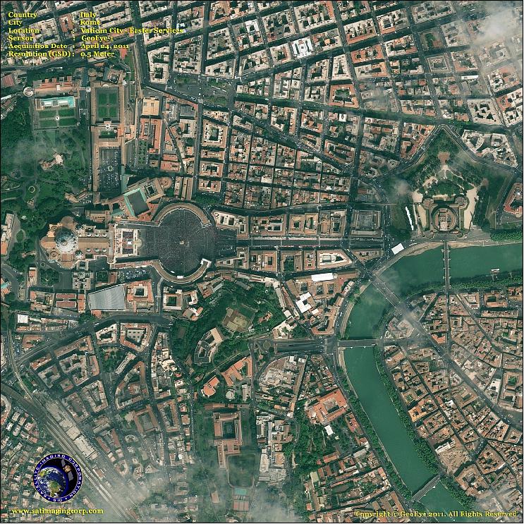 Figure 9: GeoEye-1 image of Rome and Vatican City acquired on April 24, 2011. The image depicts a massive group of the faithful attending Easter services at the Vatican City (image credit: GeoEye)