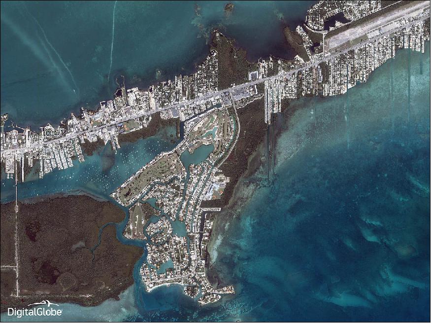 Figure 5: An image of Marathon in the Florida Keys, acquired by Ikonos on Dec. 13, 2014, puts the deep and light blues of the ocean on display next to the bright, white developments of the city (image credit: DigitalGlobe)