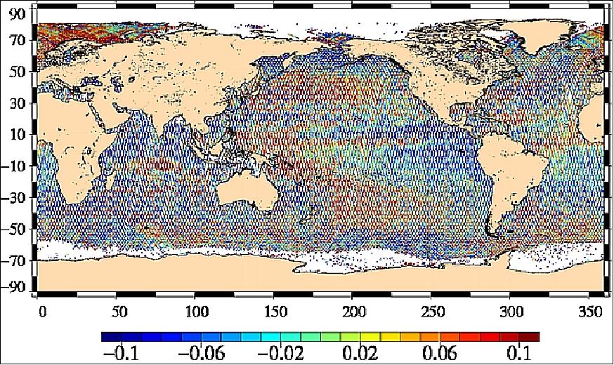 Figure 12: HY-2A SLA (Sea Level Anomaly) with MOE (Medium Orbit Ephemeris) and orbit error correction (m), image credit: CLS, CNES, NSOAS