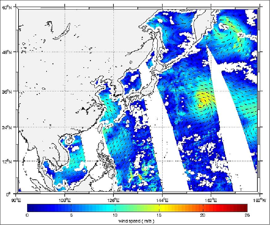 Figure 11: Sea surface wind retrieval from HY-2A/SCAT (Aug 8, 2012), image credit: State Key Laboratory of Remote Sensing Science