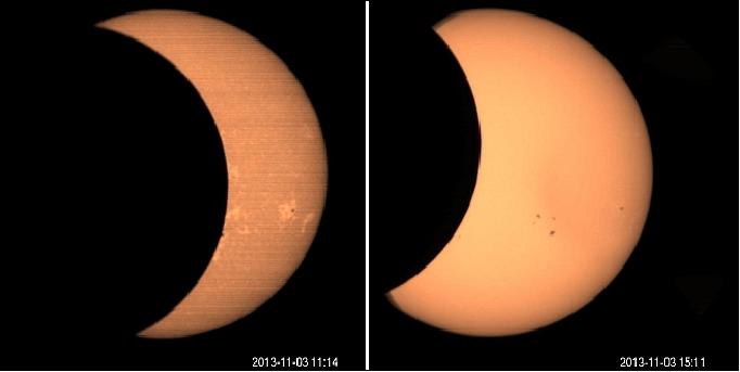 Figure 7: Observations of the solar eclipse realized at different wavelengths (393.37 nm, left and 535.7 nm, right), image credit: CNES