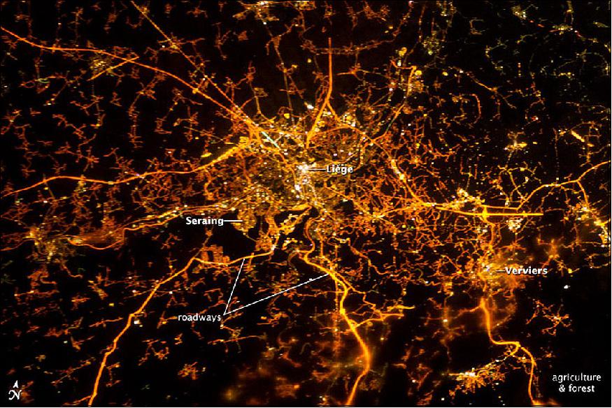 Figure 13: This astronaut photo of Liège, Belgium was acquired on December 8, 2012, with a Nikon D3S digital camera using a 180 mm lens. The image was taken using ESA's NightPod camera mount (image credit: NASA, ESA) 7)