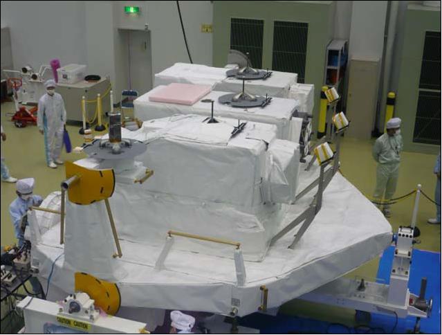 Figure 6: ELM-ES platform (bottom structure) with ICS-EF and payloads SEDA/AP, and MAXI (from front to back on top of ES structure), image credit: JAXA