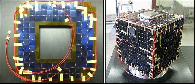 Figure 6: Photo of the solar array top panel (left) and of the assembled satellite (right), image credit: OIT