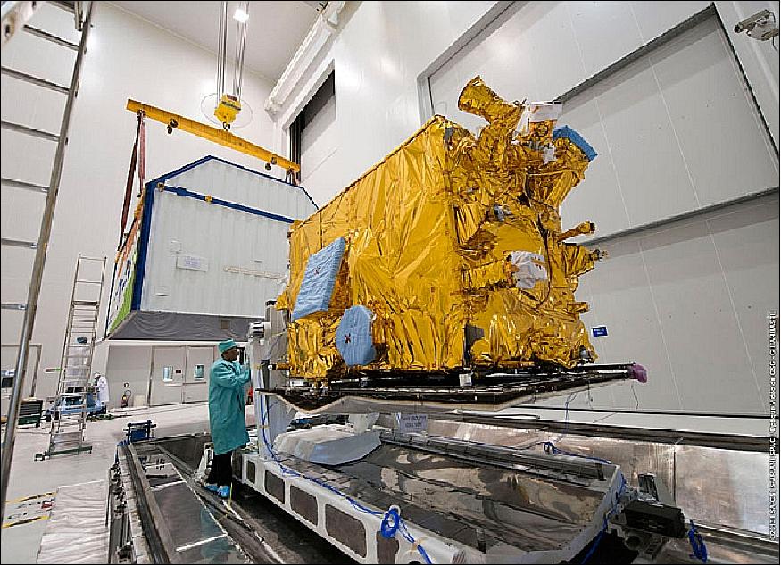 Figure 4: Photo of INSAT-3D being removed from its shipping container during activity conducted at Arianespace (image credit: Arianespace) 11)