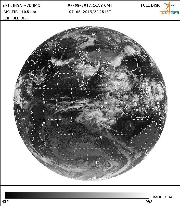 Figure 12: First full disk image of the INSAT-3D Imager observed on Aug. 7, 2013 (image credit: ISRO) 22)
