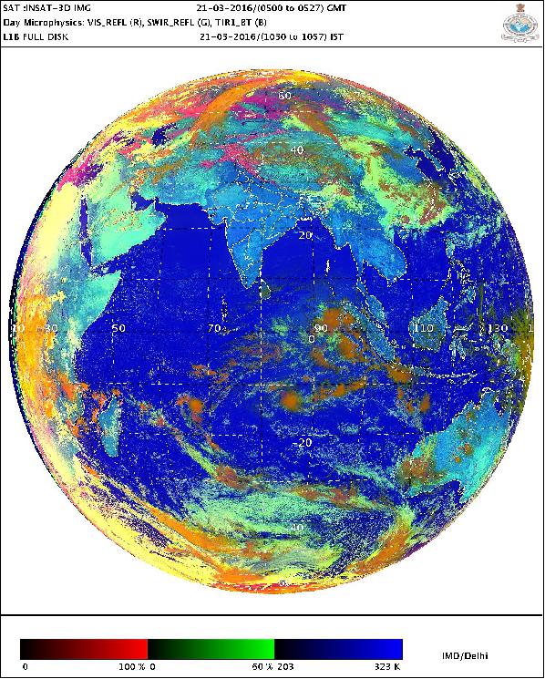 Figure 8: Full disk color composite image of the INSAT-3D imager, acquired on March 21, 2016 (image credit: IMD/Delhi)