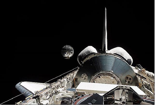Figure 5: Photo of Starshine-2 as it was deployed from the payload bay of Endeavour during STS-108 (image credit: NASA)