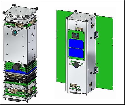 Figure 2: STRaND-1 satellite without the main structural chassis (left) and the nadir panel and both deployable solar panels in their deployed state (right), image credit: SSTL, USSC
