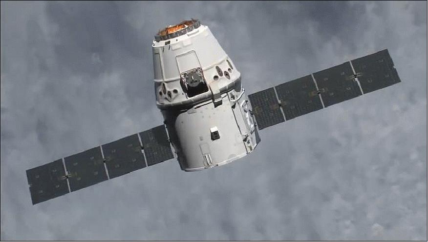 Figure 5: Artist's rendition of the Dragon spacecraft on the CRS-3 flight to the ISS (image credit: NASA)