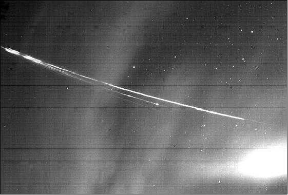 Figure 4: The comet-like reentry trail of the Sich-1M spacecraft over Spain (image credit: Igor V. Cherny, Roskosmos)