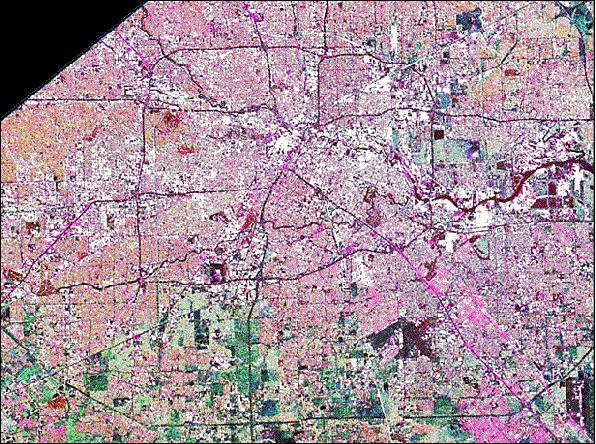 Figure 10: SIR-C/X-SAR image (100 km x 60 km) of Houston, TX, obtained Oct. 10, 1994 (image credit: NASA)