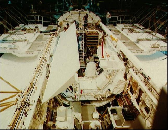Figure 6: Photo of the OSTA-1 payload with the radar antenna in the Shuttle Columbia during assembly (image credit: NASA)