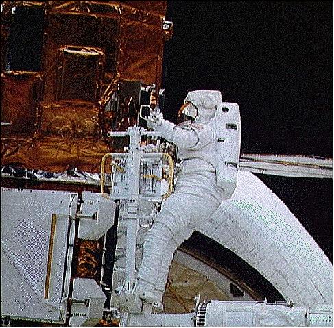 Figure 3: Astronaut servicing the SMM spacecraft in the cargo bay of the shuttle Challenger (image credit: NASA)