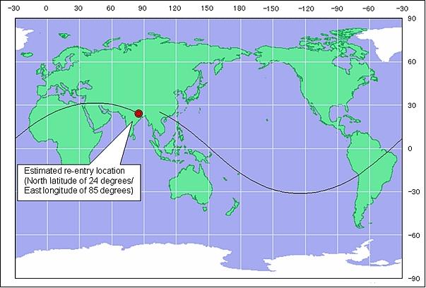 Figure 3: Estimated reentry time: 18:16 hours (JST) on Sept. 12, 2005 (image credit: JAXA)