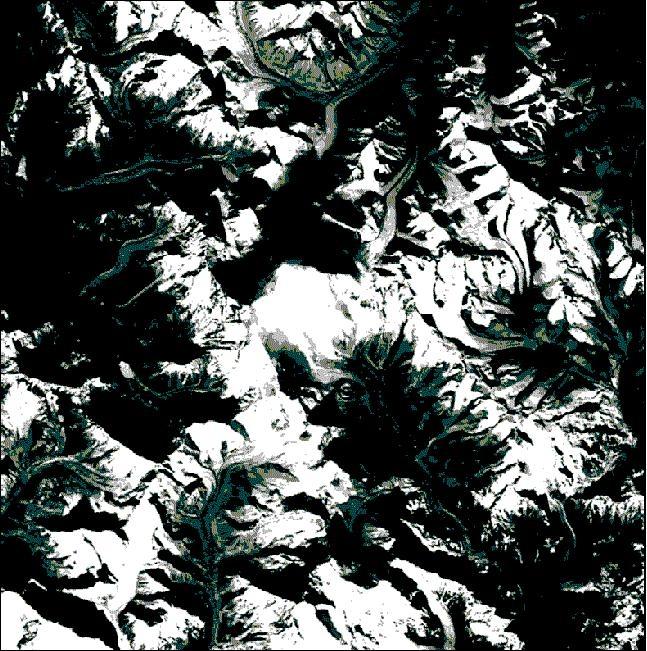 Figure 8: Metric Camera image of the Mount Everest region with the summit at the center (image credit: DLR)