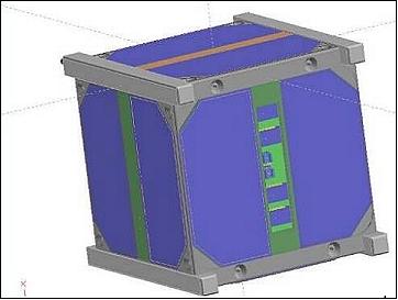 Figure 4: CAD model of the ROBUSTA CubeSat with 2 DUTs under the hole in the metallic structure (image credit: UM2)