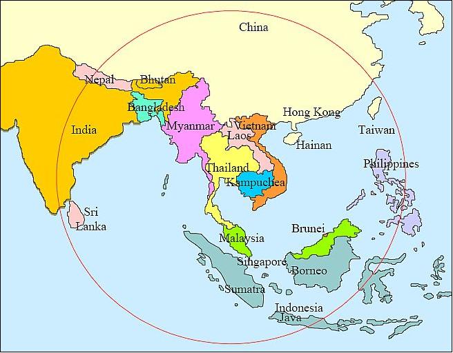 Figure 14: Thailand ground station coverage circle of 2000 km radius (image credit: GISTDA)