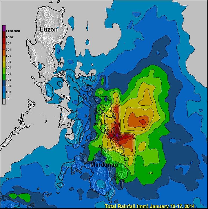 Figure 9: TMPA of the heavy rainfalls of the Mindanao region (Philippines), mostly from TRMM data, in the period Jan. 10-17, 2014 (image credit: NASA/GSFC)