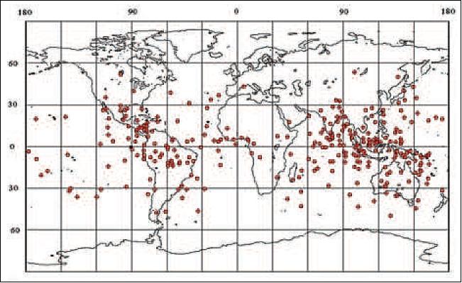 Figure 2: World map of Tatiana-1 satellite positions when UV flashes were registered (image credit: SINP-MSU)
