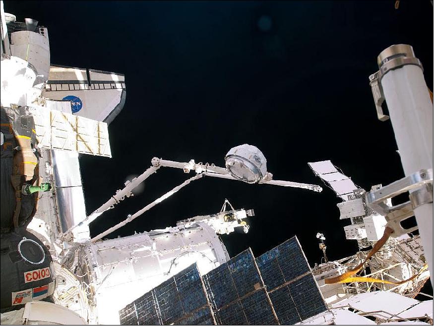 Figure 18: In the grasp of the Canadarm2, the cupola was relocated from the forward port to the Earth-facing port of the International Space Station’s newly installed Tranquility node (image credit: NASA)