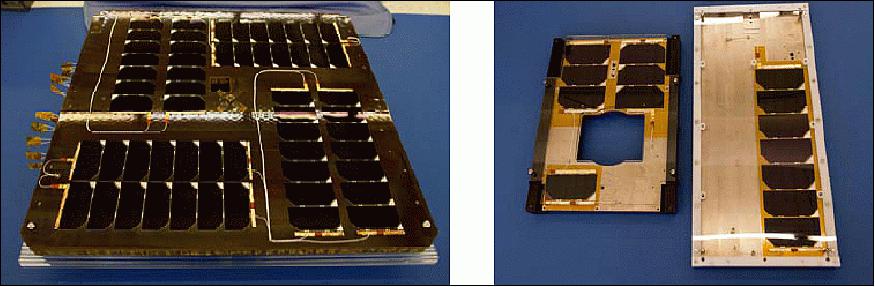 Figure 6: Large +X solar array (left) and bus panels with solar cells (right) on NEMO-AM (image credit: UTIAS/SFL)