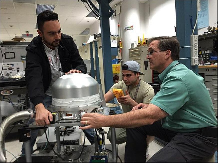 Figure 9: The PRISM instrument at JPL, undergoing testing in preparation for its use in the CORAL campaign by (left to right) CORAL systems engineer Ernesto Diaz, sensor technician Luis Rios and systems engineer Michael Eastwood (image credit: NASA/JPL, Caltech)