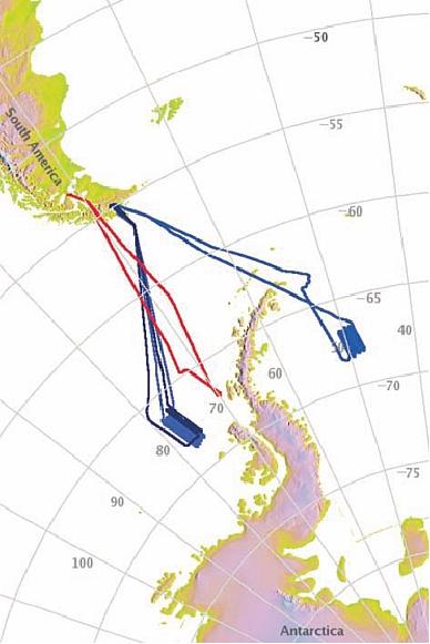 Figure 5: Flight tracks during the AASI campaign in 2003 (red) and 2004 (blue)