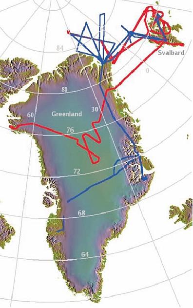 Figure 4: Flight tracks during the LaRA campaign (red) and CryoVEx (blue), image credit: JHU/APL