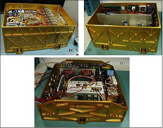 Figure 7: Photo of: (a) Ka-band transceiver, (b) Ku-band transceiver, (c) IF and local oscillator subsystem (image credit: NASA)