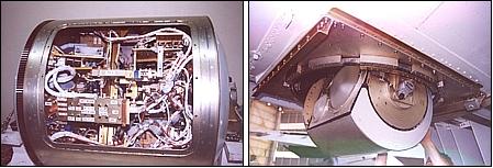 Figure 4: PSR/A scanhead illustrating internal construction and installation on the NASA DC-8 in preparation for CAMEX-3. (image credit: CET)