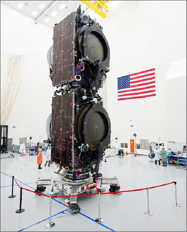 Figure 1: Photo of the two satellites ABS-3A and Eutelsat 115 West B at Boeing premises in stacked launch configuration (image credit: Boeing)