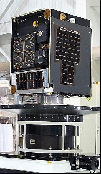 Figure 9: Photo of the fully integrated M3MSat microsatellite during mass properties testing(image credit: UTIAS/SFL, COM DEV)
