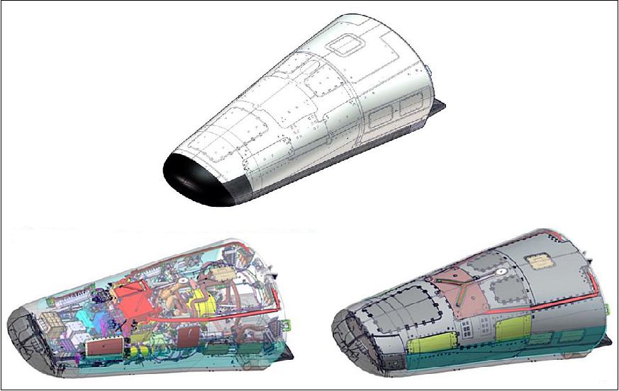 Figure 15: Spacecraft configuration: From the outer to the inner layers, it includes the TPS and HS (Hot Surfaces), the Structural Panels, the various equipments. From the front to the back compartments, it includes the Avionics, the Parachute, the Propulsion Panel, the Thrust Cylinder, the Control Actuators (image credit: ESA)