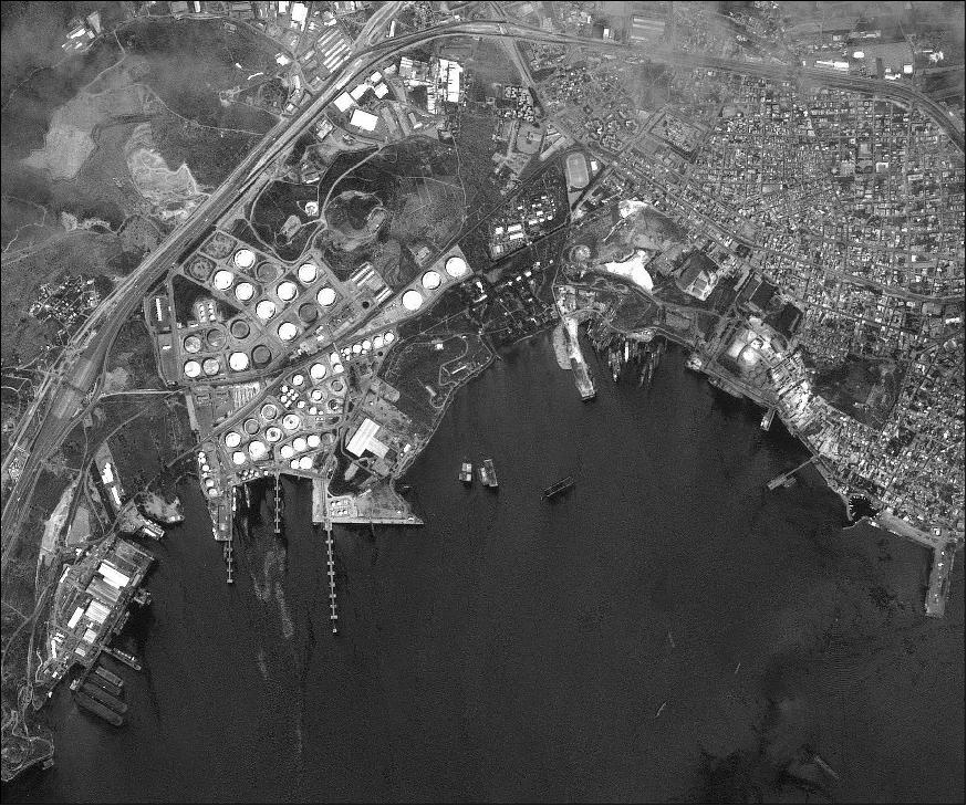 Figure 13: First image of SPOT-5 showing the Eleusis Harbor, Greece, acquired on May 7, 2002 (image credit: Airbus DS, Ref.