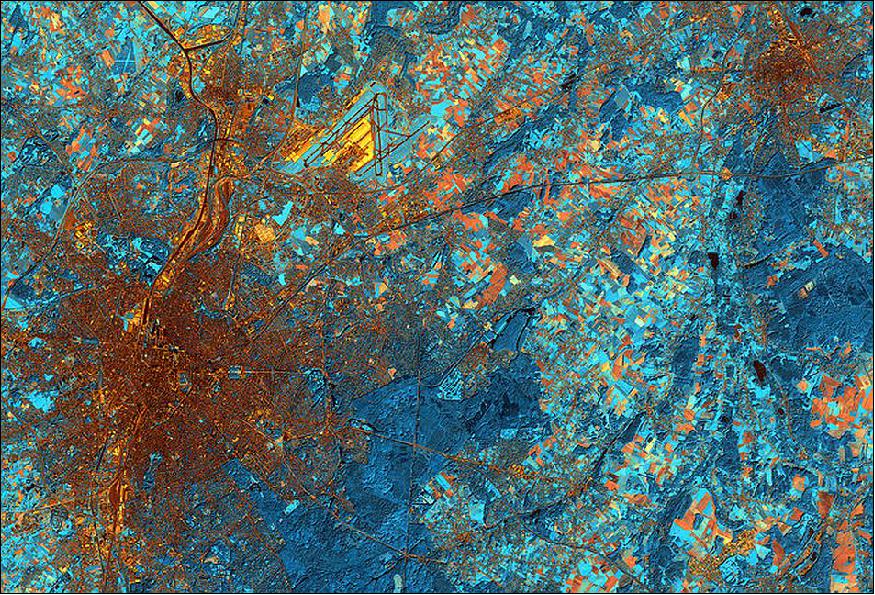 Figure 8: This false-color image from the Spot-5 satellite was acquired on 28 September 2011 over central Belgium, capturing the capital city of Brussels (left), image credit: Airbus Defence and Space