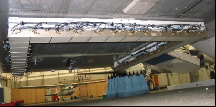 Figure 5: The HUT-2D instrumentation (8 subassemblies) mounted underneath the aircraft fuselage (image credit: HUT)