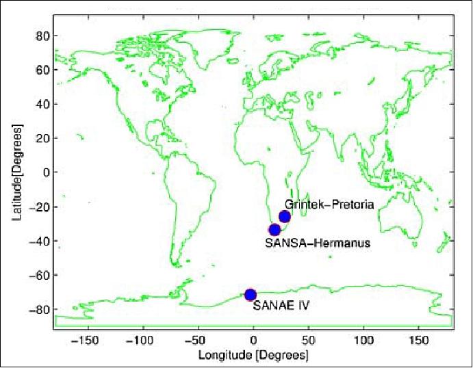 Figure 13: World map showing the locations of the ZACube-1 receivers (image credit: CPUT)